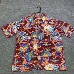 Reyn Spooner Garys Island Dicks Last Resort Hawaiian Shirt Mens XL Rayon 70s VTG